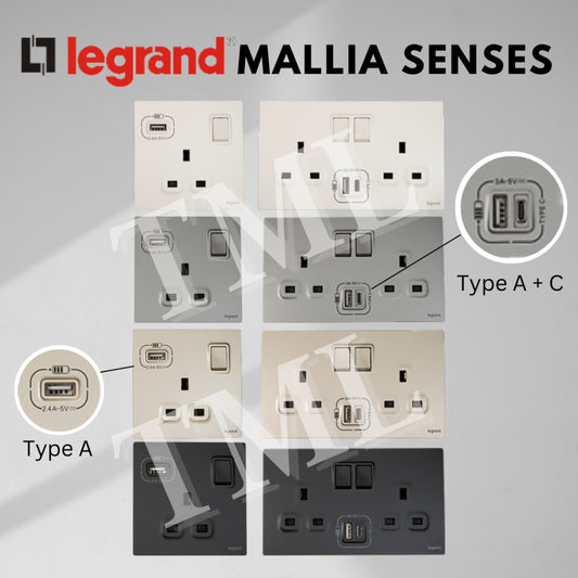 Legrand Mallia Senses Single Double Socket with USB Designer Matt Black Silver Champagne 4HOME SINGAPORE - 4HOME