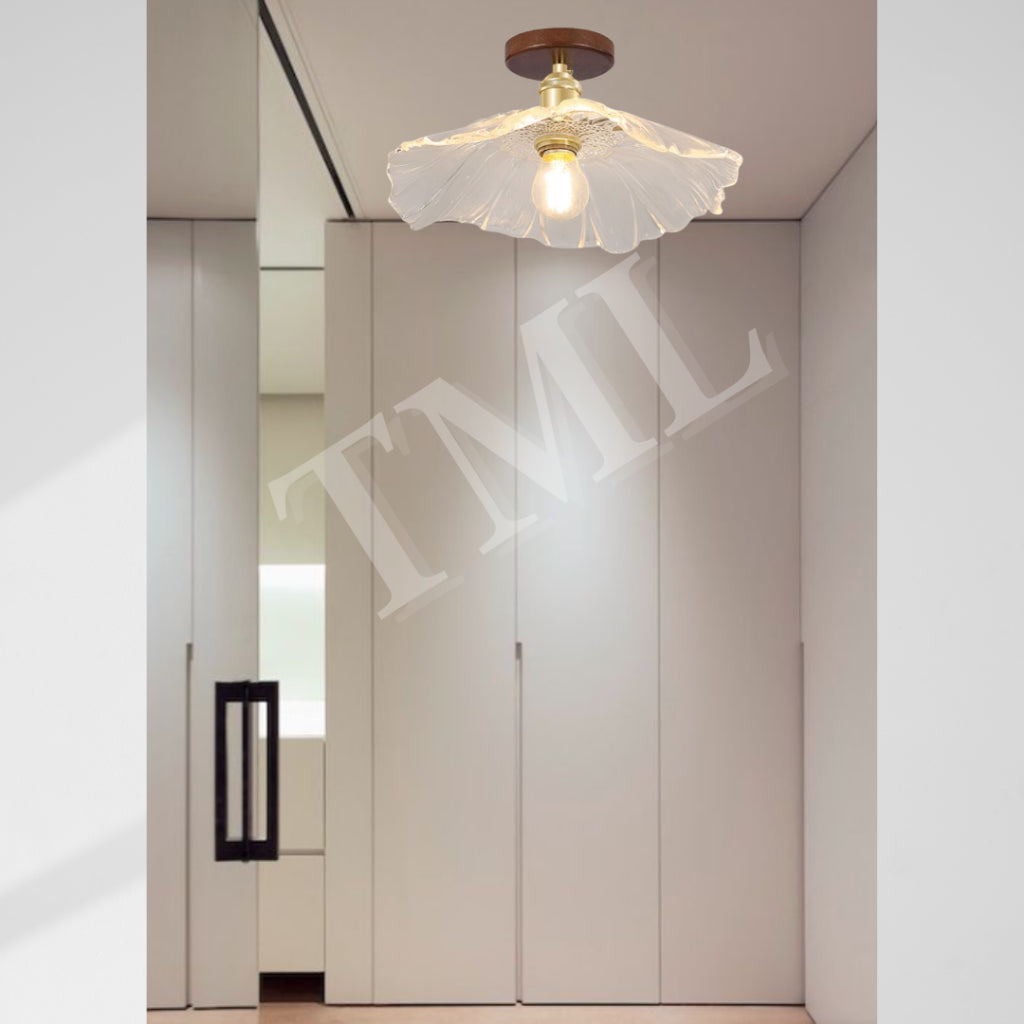 Vintage Style Flower Petal Glass Ceiling Light Walnut Pine Wood E27 Bulb 4HOME SINGAPORE - 4HOME