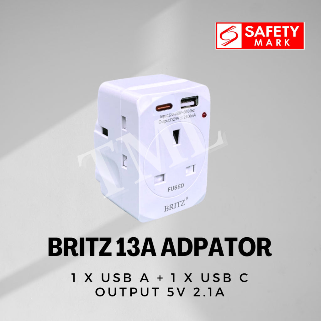 Britz 13A 3 Way Adaptor with 2 x USB Port USB A USB C (Safety Mark) 4HOME SINGAPORE - 4HOME