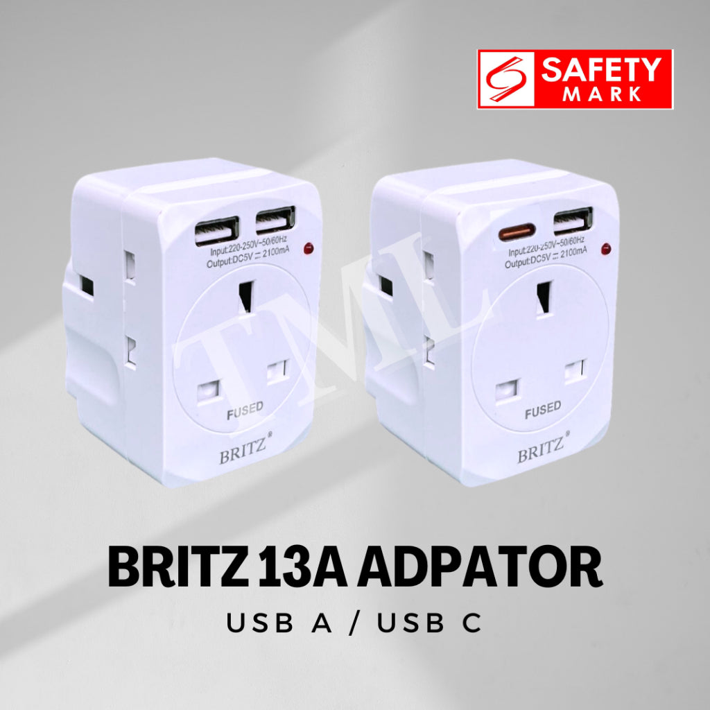 Britz 13A 3 Way Adaptor with 2 x USB Port USB A USB C (Safety Mark) 4HOME SINGAPORE - 4HOME