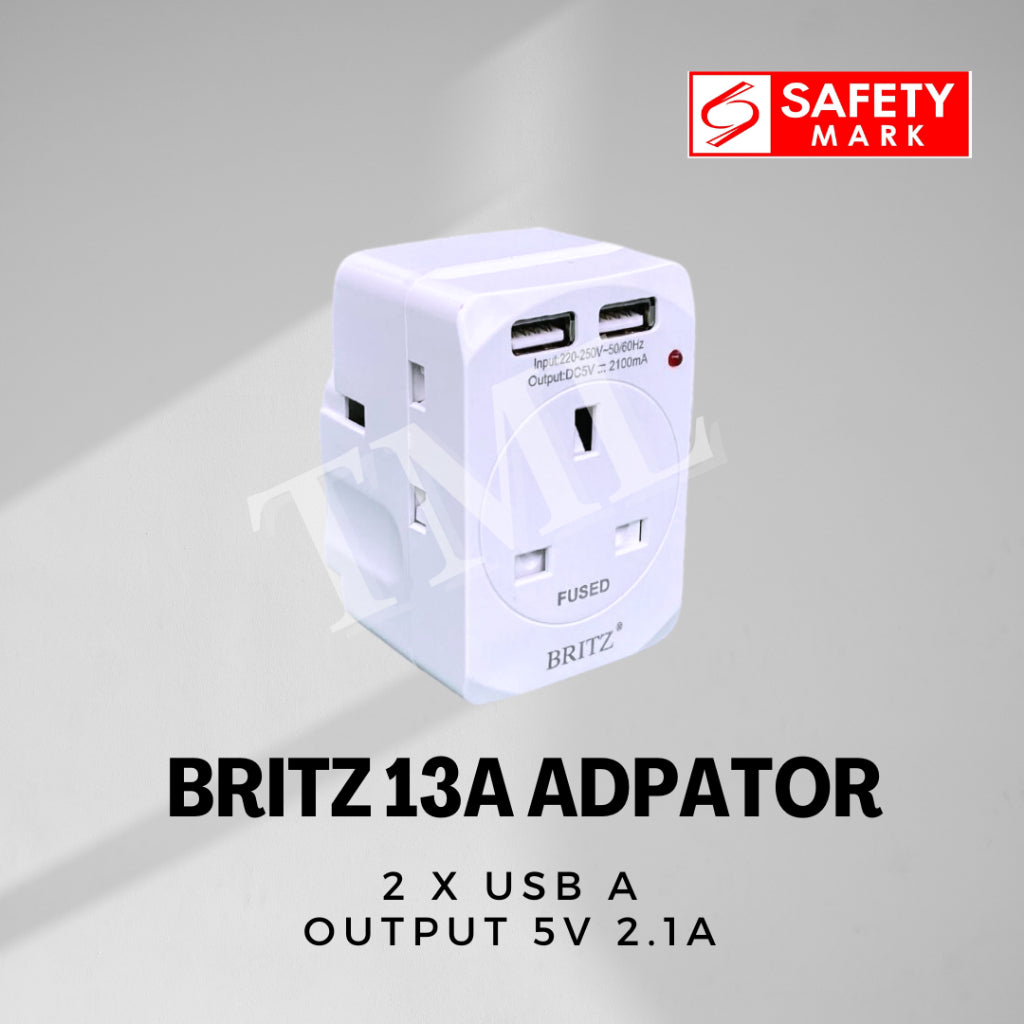 Britz 13A 3 Way Adaptor with 2 x USB Port USB A USB C (Safety Mark) 4HOME SINGAPORE - 4HOME