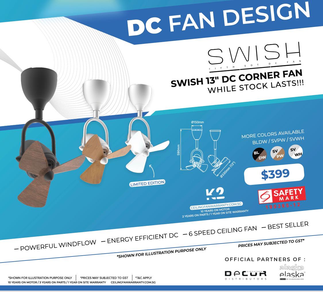 Alaska SWISH 13″ CORNER DC CEILING FAN Dark Wood Parquet Wood White 4HOME SINGAPORE - 4HOME